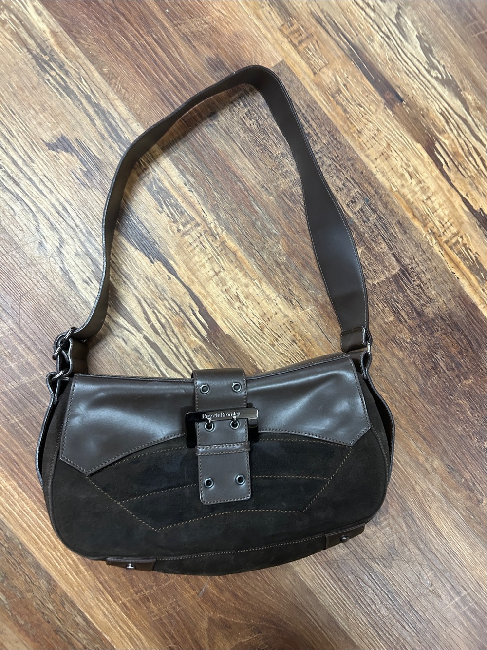 Chocolate Brown Leather & Suede Shoulder Bag with Buckle Accent